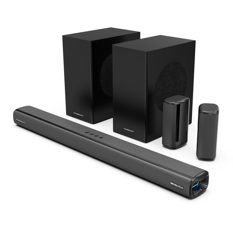 باورولوجي شريط صوتي مع 5.2.4 قناة، مضخم صوت مزدوج، مكبر صوت خلفي، دولبي أتموس، مسرح منزلي، ميكروفون لاسلكي مرفق، إضاءة LED، إعداد وتوصيل سهل، بلوتوث 5.3 - أسود - Image 1